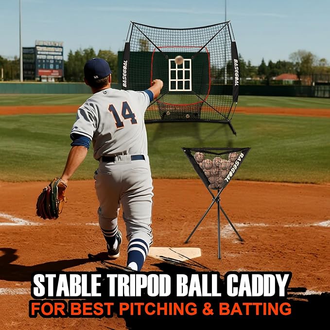 BaseGoal 6'×6' Baseball Softball Practice Net,Baseball Backstop,with Batting Tee,Ball Caddy,for Hitting Pitching Batting Catching with Bow Frame,Bonus Strike Zone,Target,Portable and Foldable
