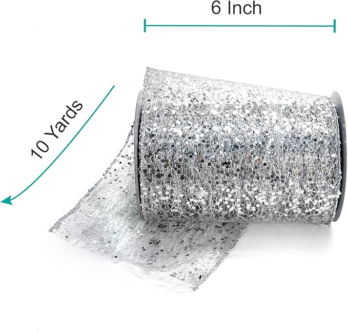 CT CRAFT LLC Sparkling Glitter Mesh Wired Ribbon 6" x 10 Yards Silver - Image 2