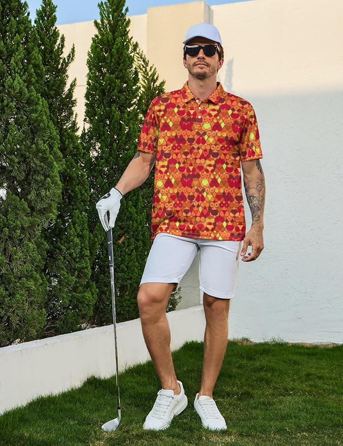 HUURAY Funny Golf Polos for Men Funny Print Short Sleeve Shirts Quick Dry Polo Shirts Hawaiian Shirt Performance Golf Outfits