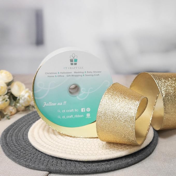 CT CRAFT LLC Glitter Wired Ribbon 2.5" x 20 Yards Light Gold - Image 4