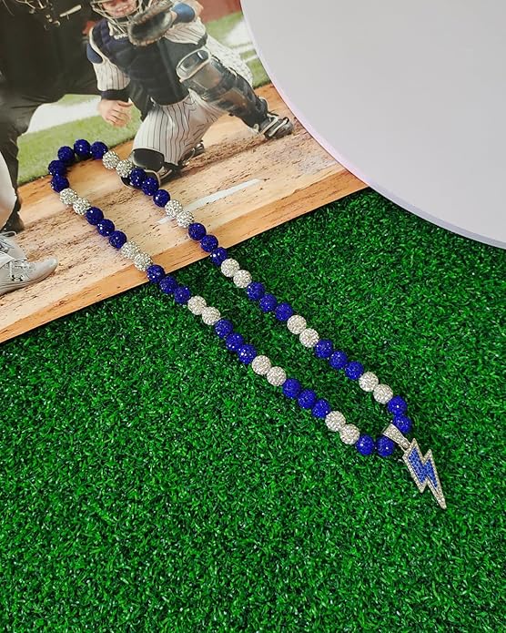 Baseball Necklace for Men 16/18/20 Inch Bling Ice Collection Lightning Bolt Pendant Necklace for Women Rhinestone Clay Beaded Discoball Accessories Gifts for Baseball Team Players Lovers