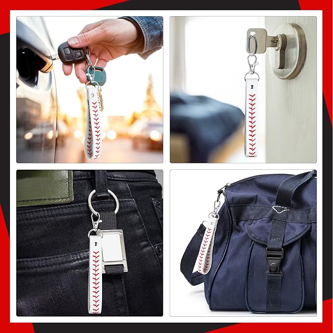 Inbagi 6 Pcs Leather Baseball Keychains for Boys White Seamed Keychain Sports Softball Keychains Baseball Gifts for Boys Wristlet Strap Keychain for Car Purse Accessories Players Sports Team Souvenir