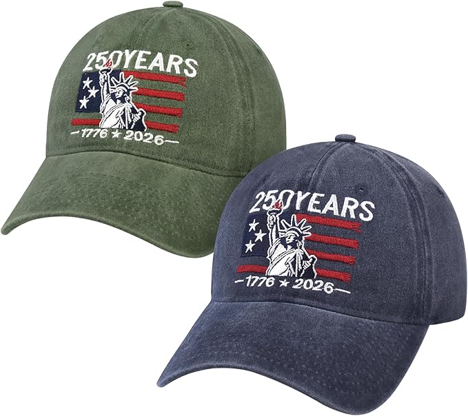 2 Pack USA 250th Anniversary Washed-Cotton Baseball Cap Patriotic Hat American 250 Year Merchandise for Men Women