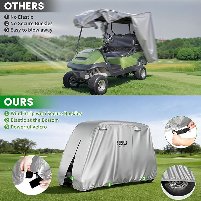 10L0L Golf Cart Cover 2/4/4+2 Passenger for Yamaha EZGO Club Car, Heavy Duty 420D Waterproof Windproof Durable Oxford Golf Cart Cover with 3 Zipper Doors for All-Weather Protection (Black/Silver)