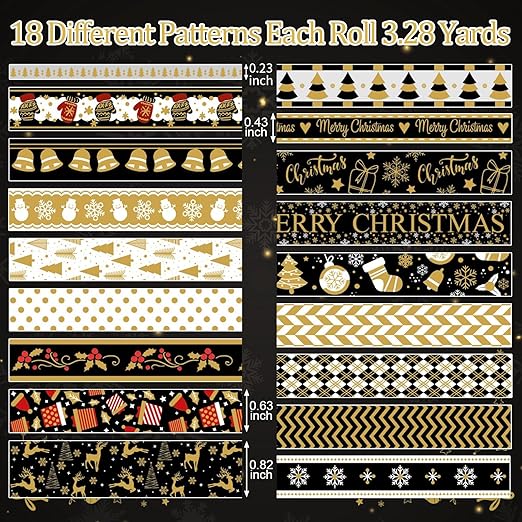 18 Rolls Christmas Washi Tape Holiday Masking Tape Black Christmas Wrapping - Image 2