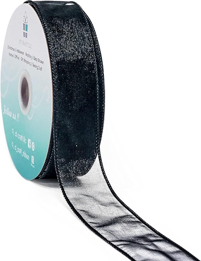 CT CRAFT LLC Sheer Organza Wired Ribbon 1.5" x 50Yards Black by CTCRAFTLLC