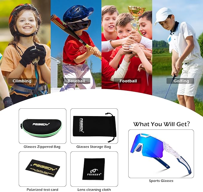 FEISEDY Kids Sunglasses Youth Baseball Sun Glasses, UV400 Sports Teens Cycling Shades for Boys Girls Age 8-16 B0048