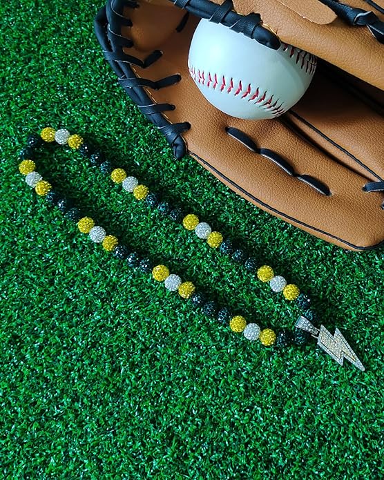 Baseball Necklace for Men 16/18/20 Inch Bling Ice Collection Lightning Bolt Pendant Necklace for Women Rhinestone Clay Beaded Discoball Accessories Gifts for Baseball Team Players Lovers