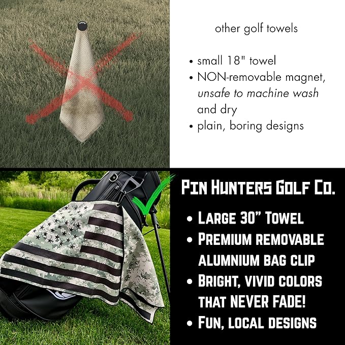 Pin Hunters American Flag Microfiber Golf Towel | Hunters Camo | Premium Waffle Towel with Clip | Large 31"×15.5" Towel for Golf Bags | Accessories for Men | Fun Gift for Husband | USA Pride
