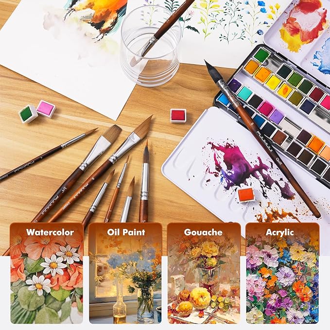 Watercolor Brushes Professional, Fuumuui 9pcs Sable Paint Brushes & Natural - Image 5