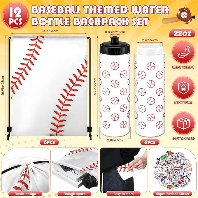 12 Pcs Baseball Party Favors Team Gifts Set 6 Baseball Water Bottle 6 Baseballs Drawstring Bag and 50 Sticker 20 Oz Reusable Squeeze Bottle Bulk Goodie Bag for Party Supplies Gift Sport Event Bike
