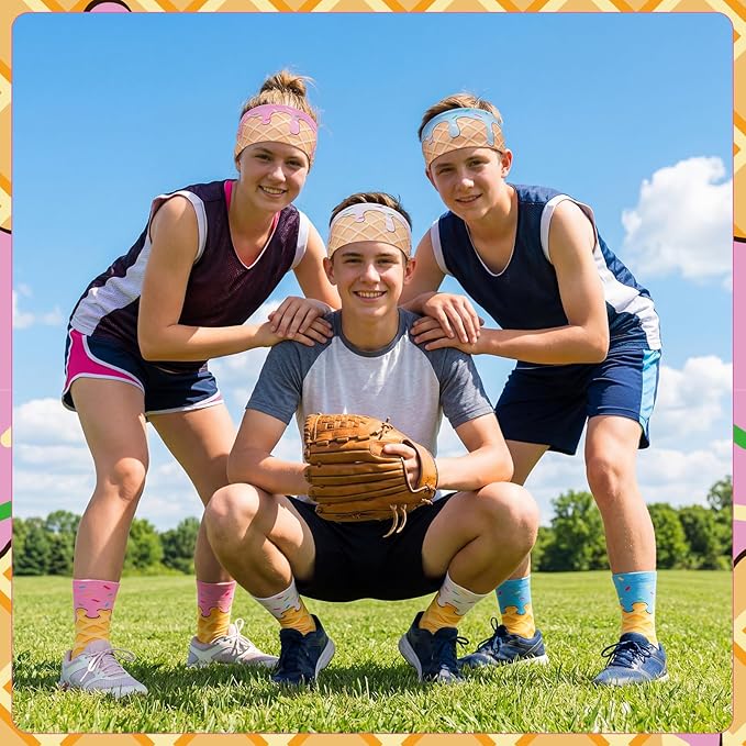 Ice Cream Baseball Headband and Ice Cream Sock Sports Elastic Sweatband Funny Sports Baseball Gifts for Youth Teen Women Men Athletes Football Basketball Running Gym Party Favors