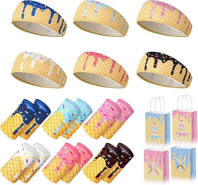 Ice Cream Drip 12Pcs Youth Baseball Accessories Set - 6 Elastic Polyester Headscarves + 6 Non Slip Sports Wristbands with 6 Bags for Teenager Men Women, Basketball Football Gym Party Favors Team Gift