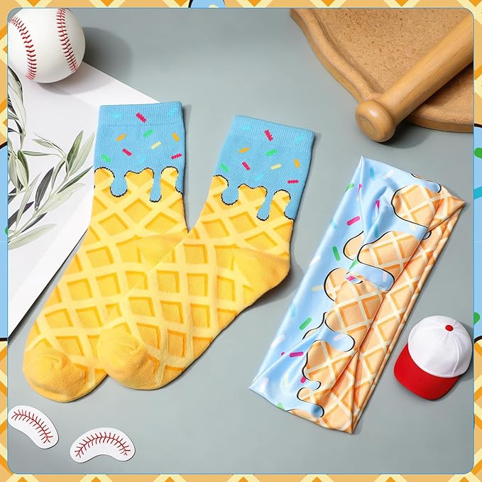Ice Cream Baseball Headband and Ice Cream Sock Sports Elastic Sweatband Funny Sports Baseball Gifts for Youth Teen Women Men Athletes Football Basketball Running Gym Party Favors