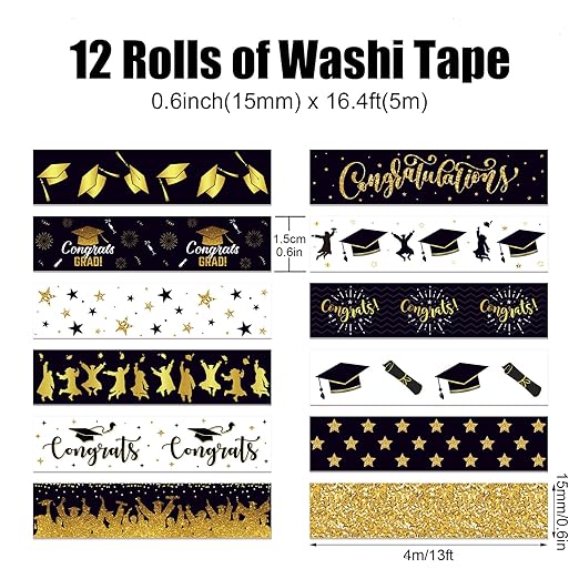 12 Rolls Graduation Washi Tape, Congratulations Grad Cap Decorative Paper - Image 2