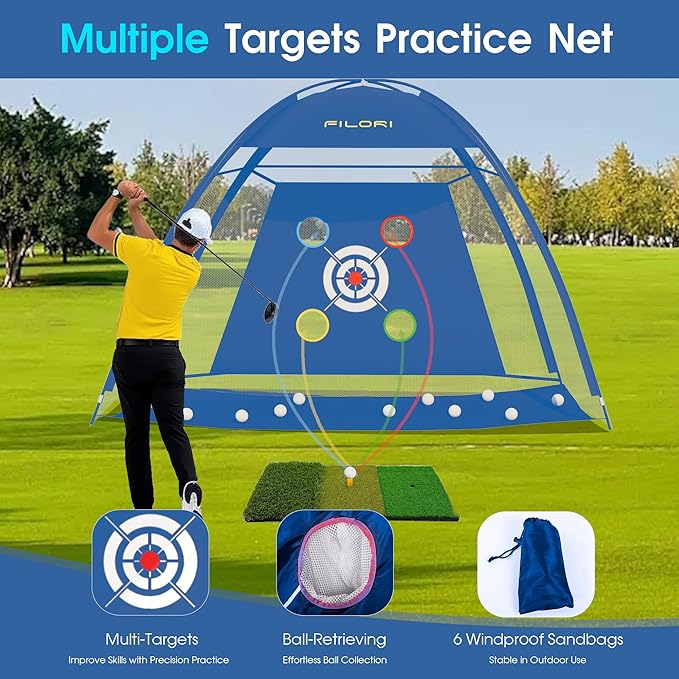 FILORI Golf Practice Net 10x7FT - Golf Hitting Net with Tri-Turf Mat, 8 Balls, Tee & Carry Bag, Indoor/Outdoor Backyard Training for Driving Chipping Swing, Ideal Gifts