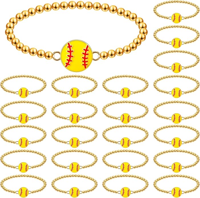 Tondiamo 24 Pcs Cheer Baseball Softball Soccer Basketball Football Tennis Bracelets Gifts Bulk Beaded Stretch Bracelets Charm Gifts Sport Jewelry Party Favors Supplies