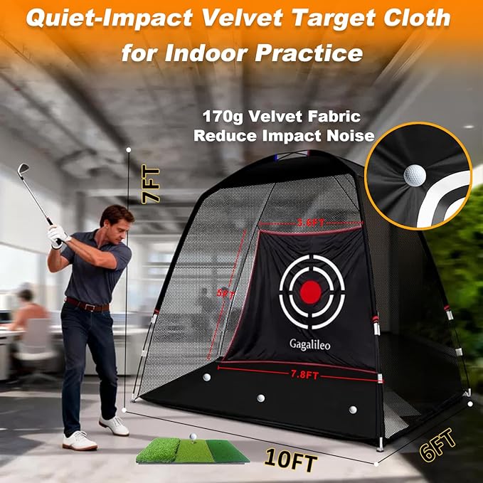 Gagalileo Golf Hitting Net Backyard Driving: 10x7FT Professional Backstop with Silent Velvet Target Portable Practice for Men Dad Complete Sport Set Gift