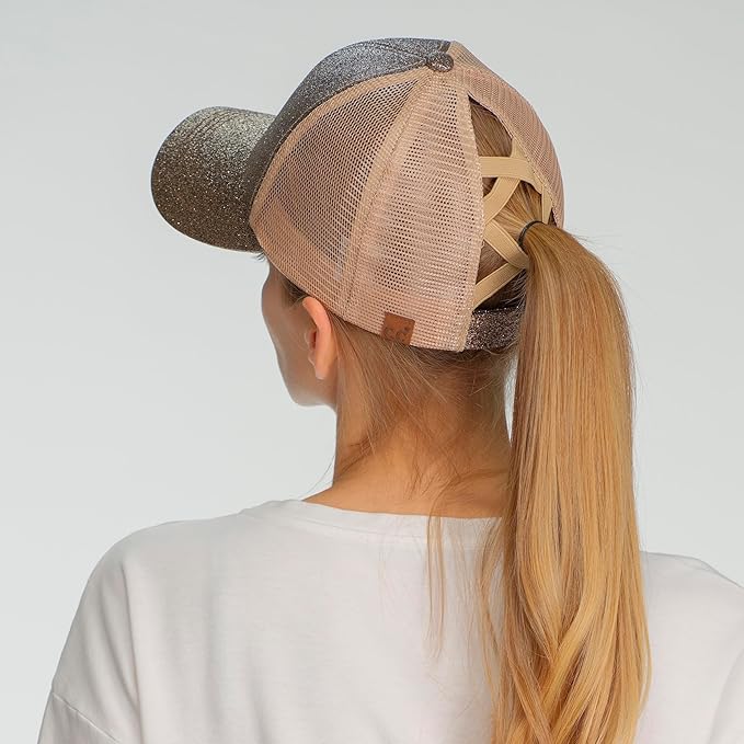 C.C Ponycap Messy High Bun Ponytail Adjustable Glitter Mesh Trucker Baseball Cap