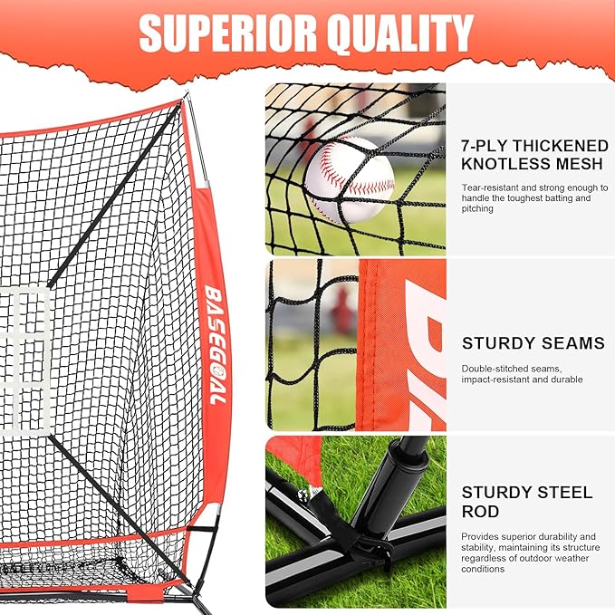 BaseGoal 6'×6' Baseball Softball Practice Net,Baseball Backstop,with Batting Tee,Ball Caddy,for Hitting Pitching Batting Catching with Bow Frame,Bonus Strike Zone,Target,Portable and Foldable