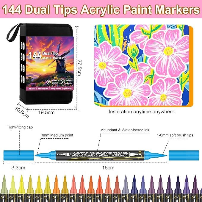 144 Colors Dual Tip Acrylic Paint Markers，Waterproof, Odorless Acrylic Markers - Image 4