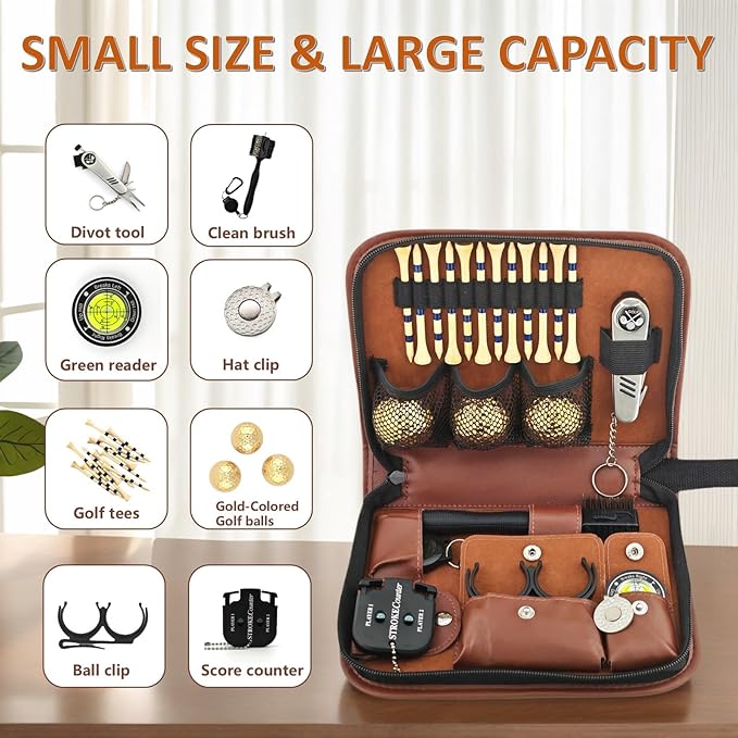 Golf Gifts for Men and Women, Golf Accessories Set in High-End Case with Gold-Colored Golf Balls, Golf Tees, Brush, Divot Tool, Golf Green Reader, Magnetic Hat Clip, Scorer, Golf Ball Clamp