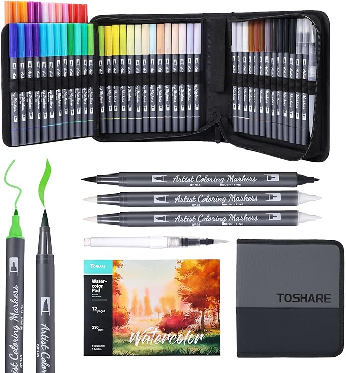 Watercolor Pens Set, 48-Color Dual Tip Paint Markers, Water-Based Coloring by TOSHARE