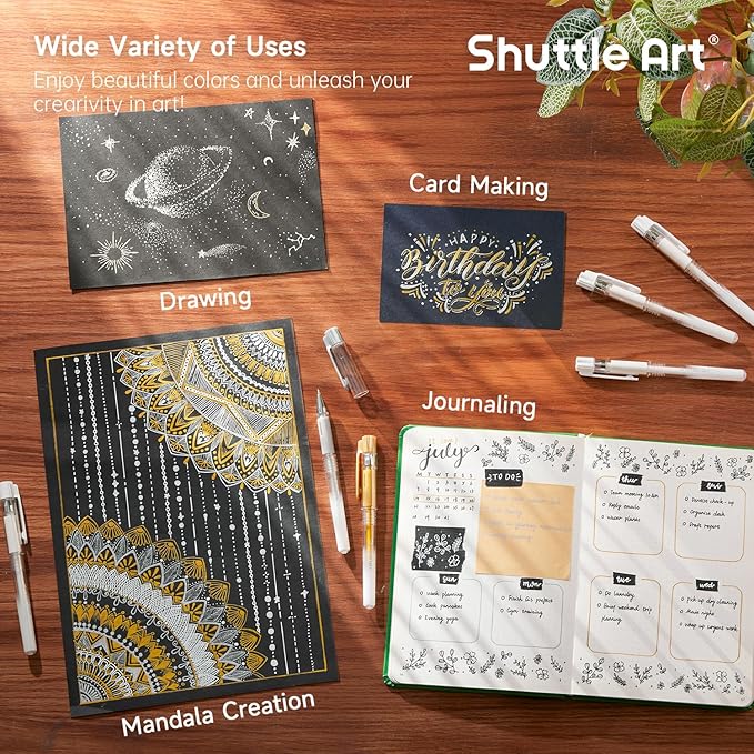 Shuttle Art White Gold Silver Gel Pens, 6 Pack 0.7mm, 1.0mm Metallic Gel Ink - Image 5