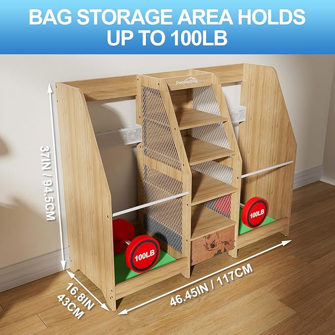 Golf Bag Storage Organizer for Garage, Premium Wooden 2 Golf Bags Rack with Drawer, Easy Assemble Golf Club Stand/Holder Suitable for Garage Home Simulator and Office