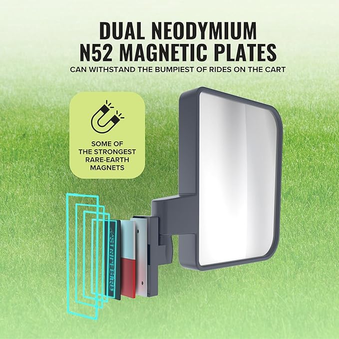 Stripebird - Magnetic Golf Cart Mirrors 2.0 (Gray) - No Drilling - Ultra-Strength Magnet - 2 Folding Side Mirrors - EZ Go Accessory - Club Car Accessory - Golf Cart Accessory