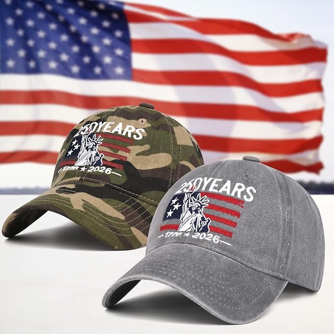 2 Pack USA 250th Anniversary Washed-Cotton Baseball Cap Patriotic Hat American 250 Year Merchandise for Men Women