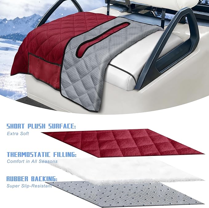 YOKYHOM Golf Cart Seat Covers with 4 Front Pockets, Thick Seat Towel Blanket with Non-Slip Backing, Fits EZGO, Club Car, Yamaha and More 2 & 4 Passenger Golf Carts, Red