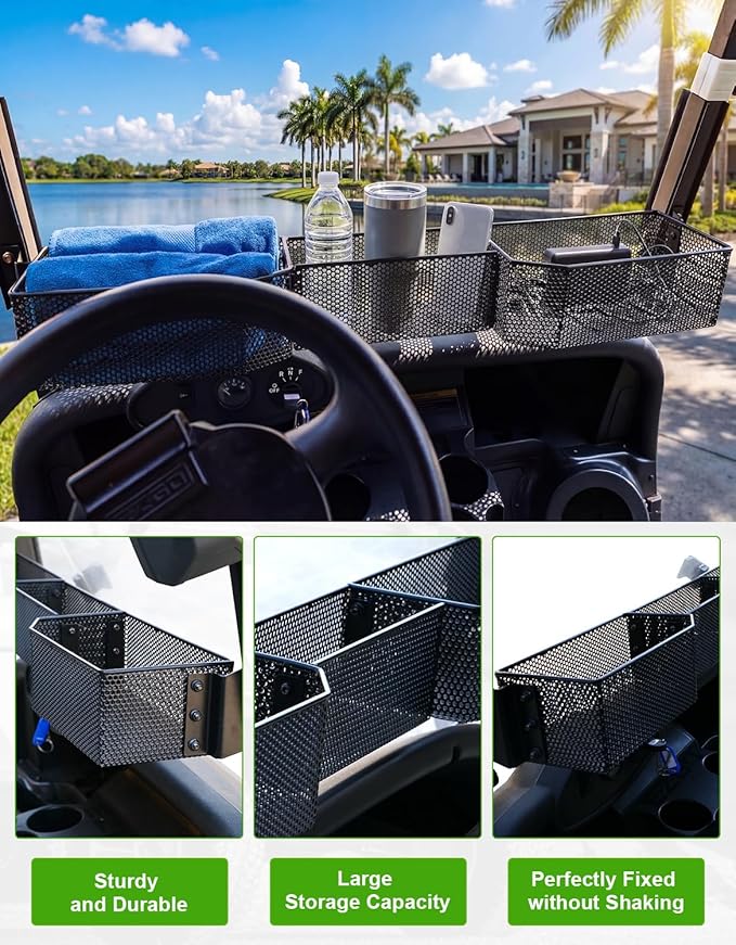 Golf Cart Front Inner Basket for EZGO TXT RVX VALOR Yamaha G29 Drive2 G16-G22 Club Car DS Tempo Modular Mesh Storage Tray Organizer for Extended Space (EZGO RXV 2008+)