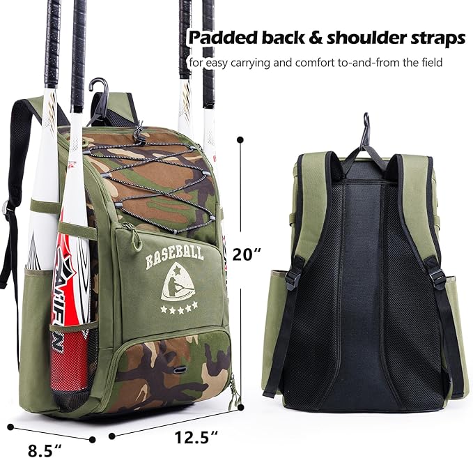 Baseball Bag for Youth & Adult with 4 Bat Sleeves - Softball Bat Bag with Shoe Compartment - Baseball Backpack for T-Ball, Softball Equipment, Baseball Gear, Baseball Bags for Boys 8-12