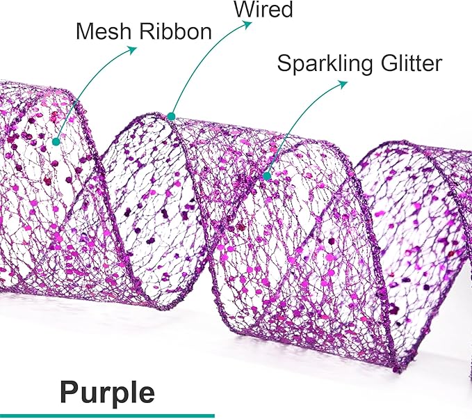 CT CRAFT LLC Sparkling Glitter Mesh Wired Ribbon 4" x 10 Yards Purple - Image 3