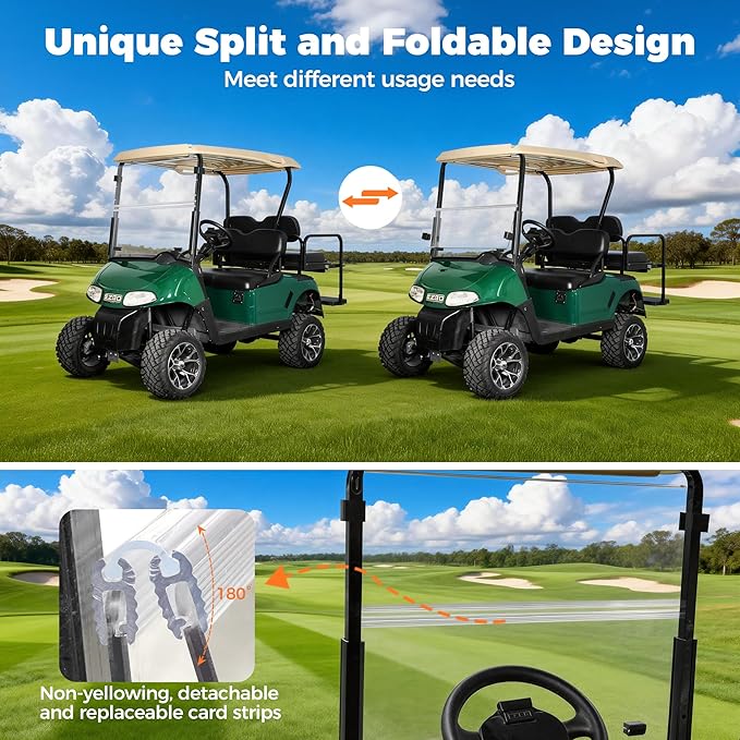 10L0L Golf Cart Folding Windshield for EZGO RXV 2008-Up – 5mm Thick DOT Certified Polycarbonate, Removable Center Strip, Easy Install, Anti-Yellowing, Shatterproof Fold-Down Windshield