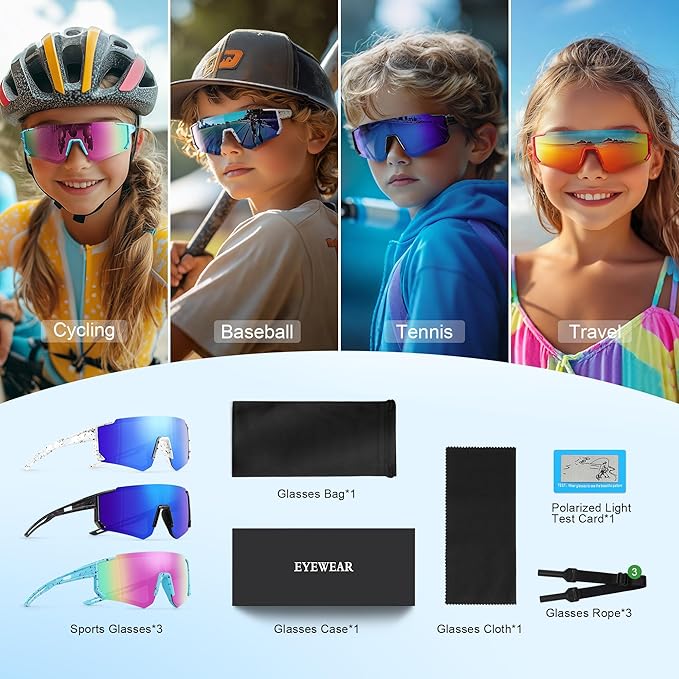 3PACK Kids Sunglasses Youth Baseball Sunglasses for Boys Girls Age 4-12,Softball Sports Cycling Goggles UV Protection