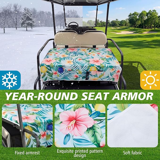 Fanfanwin 2 Pcs Hawaiian Style Golf Cart Seat Covers for 2 & 4 Passenger Carts, Golf Cart Seat Towel Blanket with Front and Rear Cover Compatible with Ezgo/Yamaha/Club Car