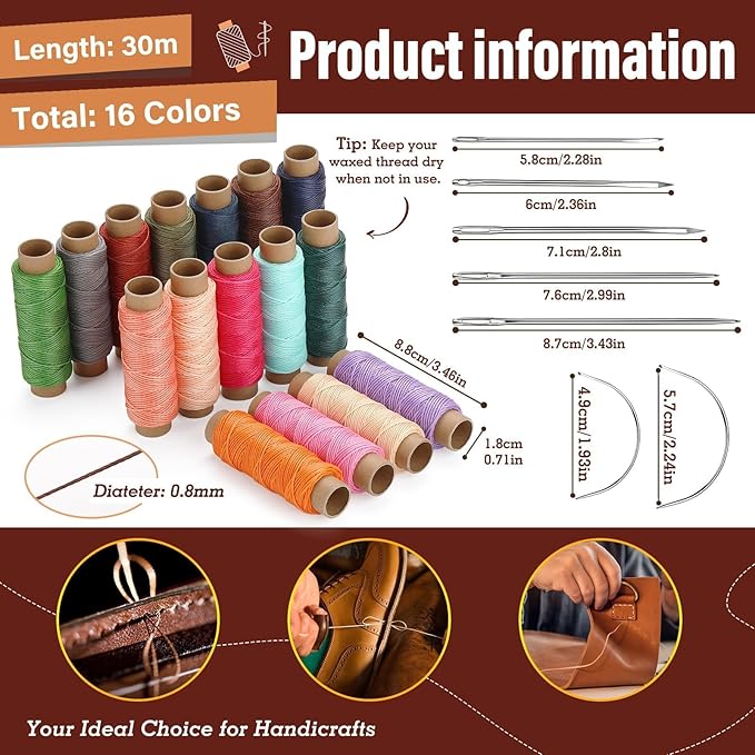 0.8 mm Leather Sewing Thread, 16 Colors 32 Yards Waxed Thread, Round Waxed - Image 2