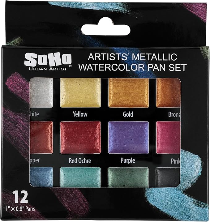 Soho Urban Artist Metallic Watercolors Set – 12 Vibrant Metallic Half Pans in by SoHo+Urban+Artist