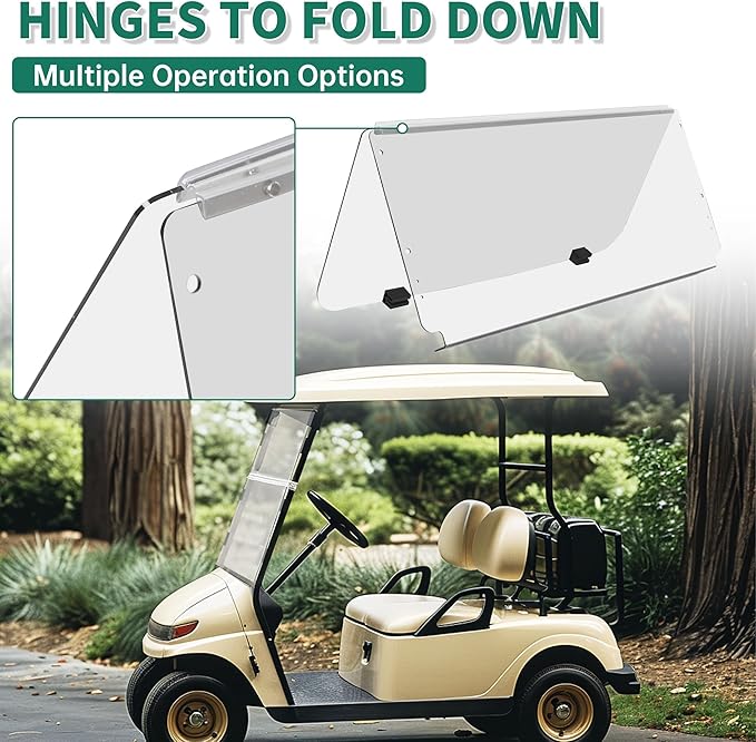ECOTRIC Windshield Compatible with 1982-2000.5 Club Car DS Clear Fold Down Impact Resistant Golf Cart DS Model Approximate dimensions 39.25"W X 36.75"H