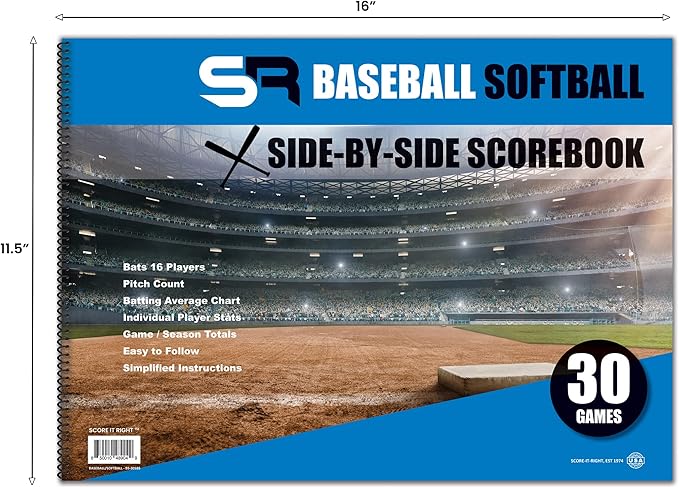 Score It Right Side By Side Baseball/Softball Scorebook – Premium Score Keeping Book – 16 Player - 30 Game Scorebook with Pitch Count, Individual Player Stats, Batting Average Chart - 11.5" x 16"