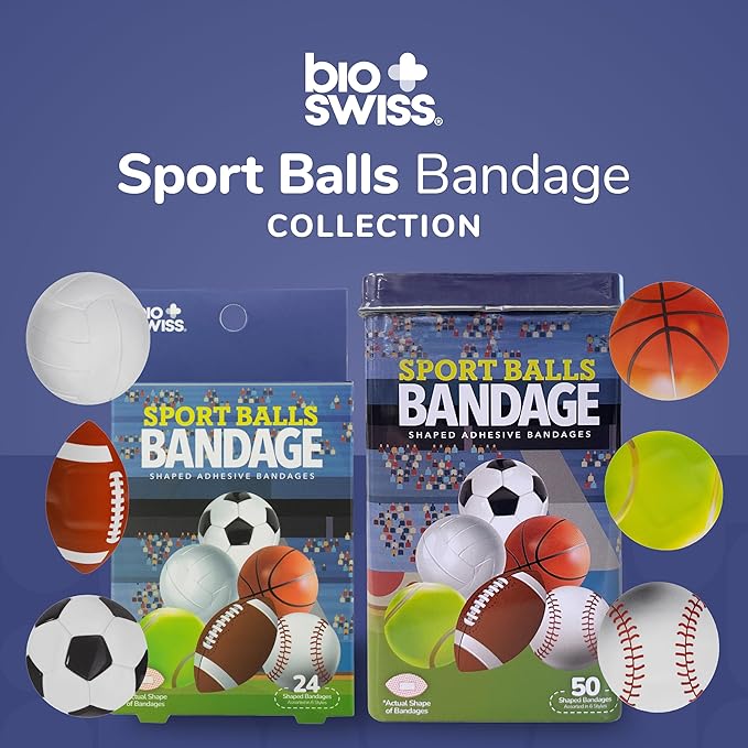 BioSwiss Bandages, Sports Balls Shaped Self Adhesive Bandage Set, Latex Free, Sterile Wound Care, 50 Count