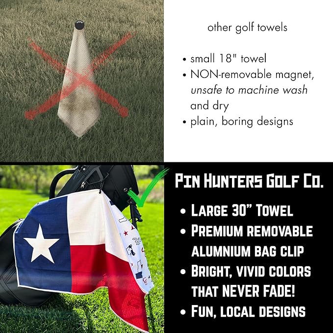 Pin Hunters Texas Flag Microfiber Golf Towel | Premium Waffle Towel with Clip | Large 31"×15.5" Towel for Golf Bags | Accessories for Men | Fun Gift for Husband | USA Pride