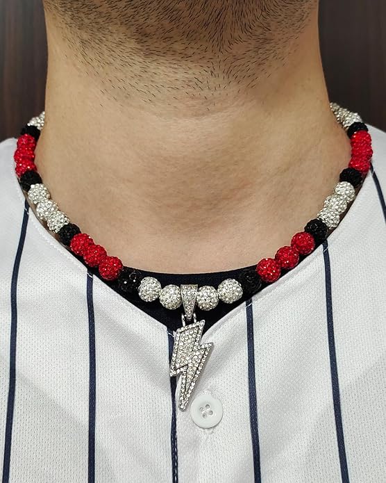 Baseball Necklace for Men 16/18/20 Inch Bling Ice Collection Lightning Bolt Pendant Necklace for Women Rhinestone Clay Beaded Discoball Accessories Gifts for Baseball Team Players Lovers