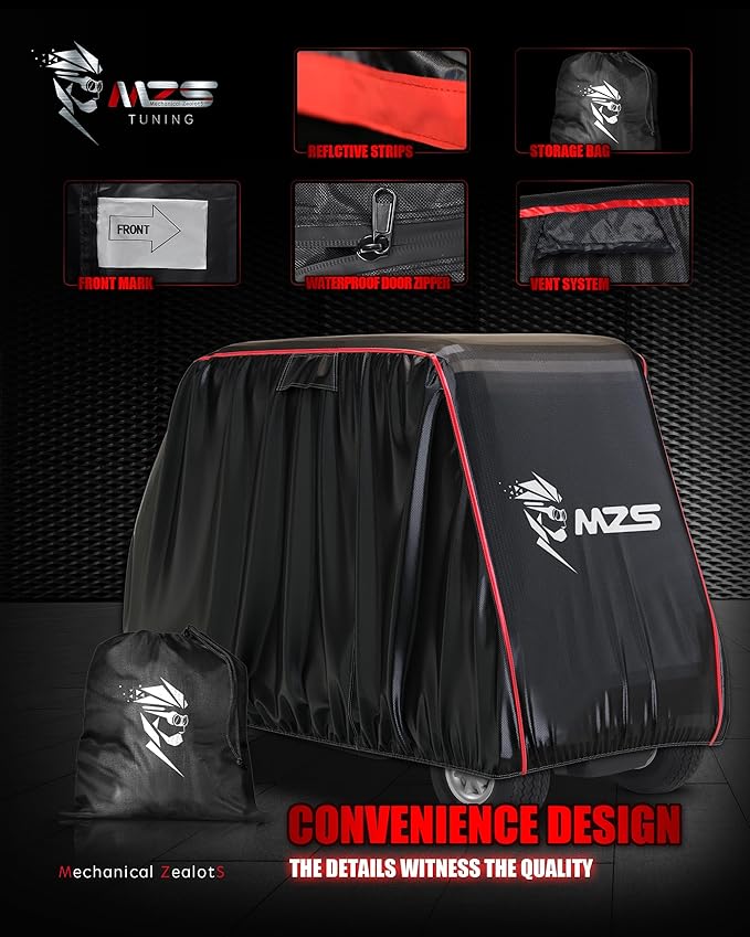 MZS Golf Cart Cover Compatible with 2/4/4+2 Passenger Car, Heavy Duty 600D Waterproof Golf Cart Covers Outdoor Accessories with Zipper Cotton Wind Sun Rain Proof Reflective Vents