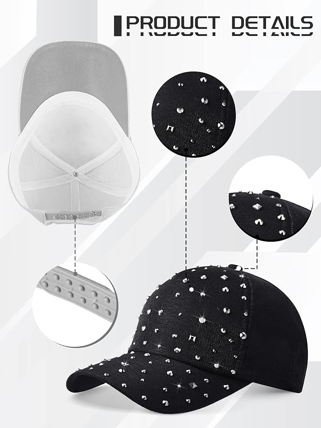 Loopeer 2 Pcs Adjustable Breathable Rhinestone Baseball Cap for Women Men Sequins Casual Sports Cap Rhinestone Hat
