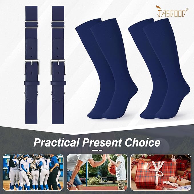 JASGOOD 2 Pack Baseball Socks and Belt Combo Set Softball Socks and Belts Elastic Waist Belt for Youth and Adult Boys
