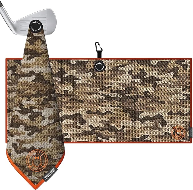 Ghost Golf Magnetic Towel (Caddie) - Premium Ultra-Absorbent Microfiber Golf Towel with Magnet for Golf Carts or Clubs - 18" x 40" Golfing Gear - Waffle Weave Pattern (Desert Camo)