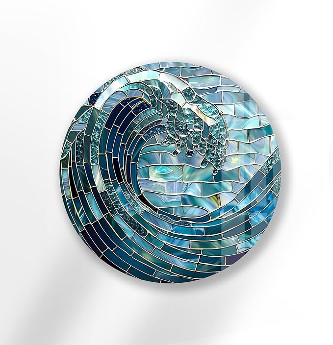 My Photostation.com 20'' Diameter Ocean Wave in Blue Mosaic Round Glass Wall - Image 3